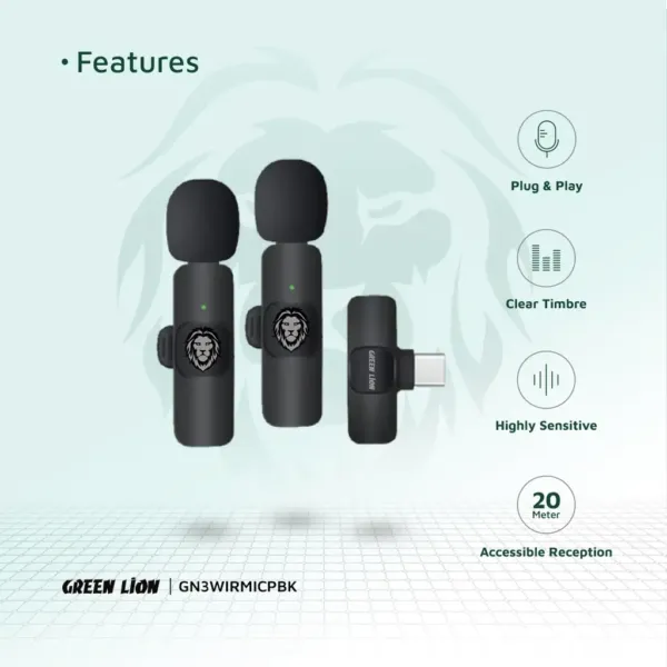 میکروفون بیسیم گرین لاین با گیرنده رابط 3گانه متصل 9 Green Lion 3 in 1 Wireless Microphone Black در آی تی پاژ